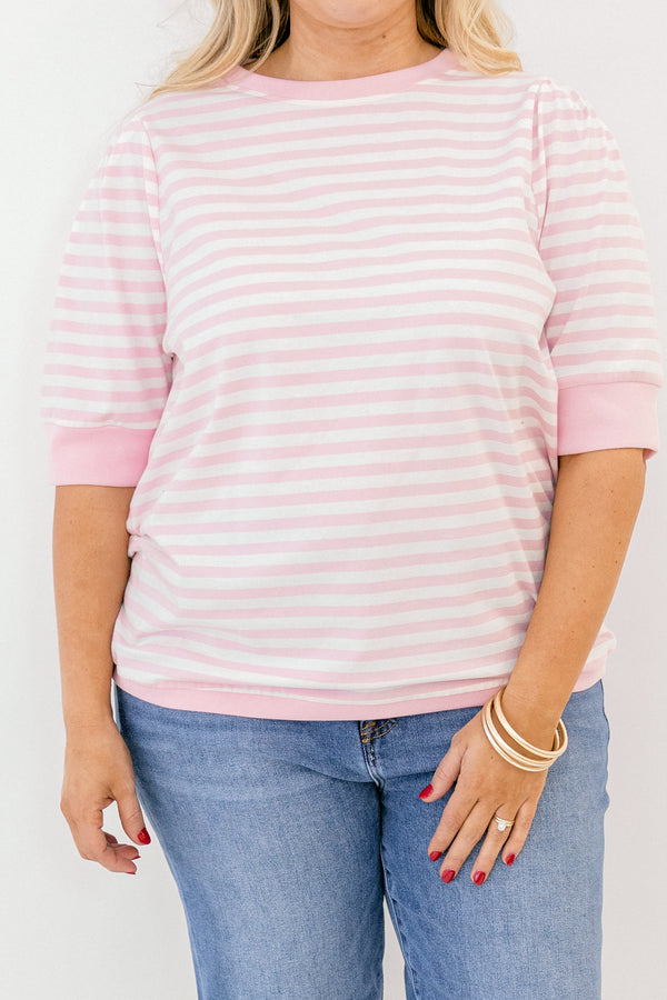 Chic Soul plus size clothing, pink-white stripe print top with short sleeves and round neckline with slight puff sleeve