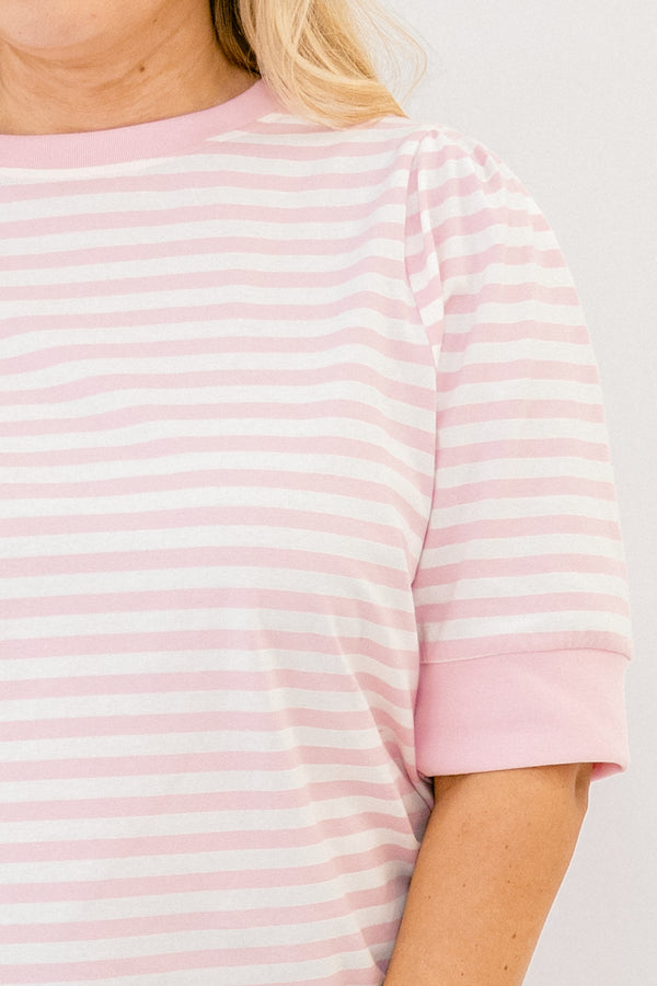 Chic Soul plus size clothing, pink-white stripe print top with short sleeves and round neckline with slight puff sleeve