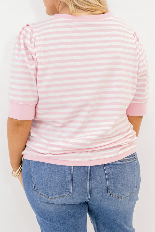 Chic Soul plus size clothing, pink-white stripe print top with short sleeves and round neckline with slight puff sleeve