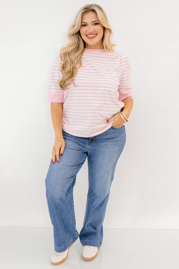 Chic Soul plus size clothing, pink-white stripe print top with short sleeves and round neckline with slight puff sleeve