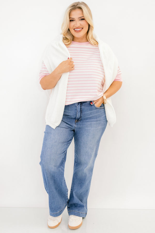Chic Soul plus size clothing, pink-white stripe print top with short sleeves and round neckline with slight puff sleeve