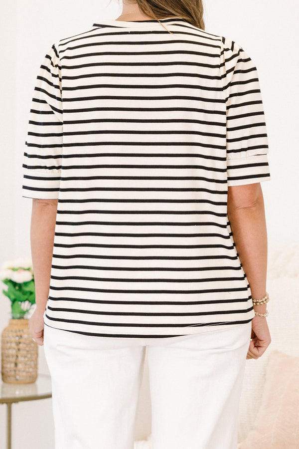 Chic Soul plus size clothing, black-white stripe print top with short sleeves and round neckline with slight puff sleeve