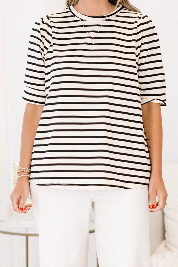 Chic Soul plus size clothing, black-white stripe print top with short sleeves and round neckline with slight puff sleeve