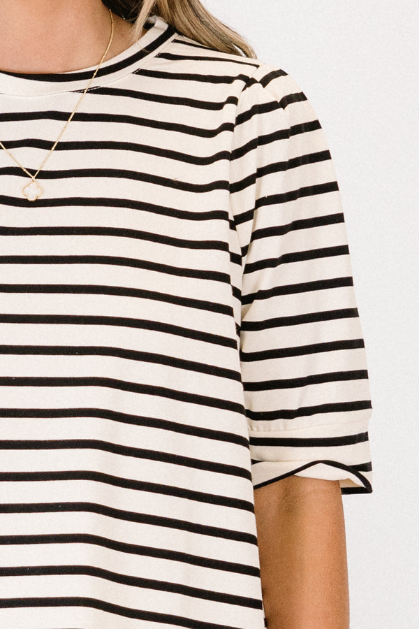 Chic Soul plus size clothing, black-white stripe print top with short sleeves and round neckline with slight puff sleeve