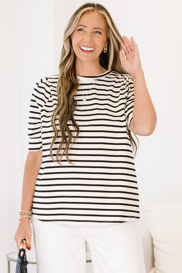 Chic Soul plus size clothing, black-white stripe print top with short sleeves and round neckline with slight puff sleeve