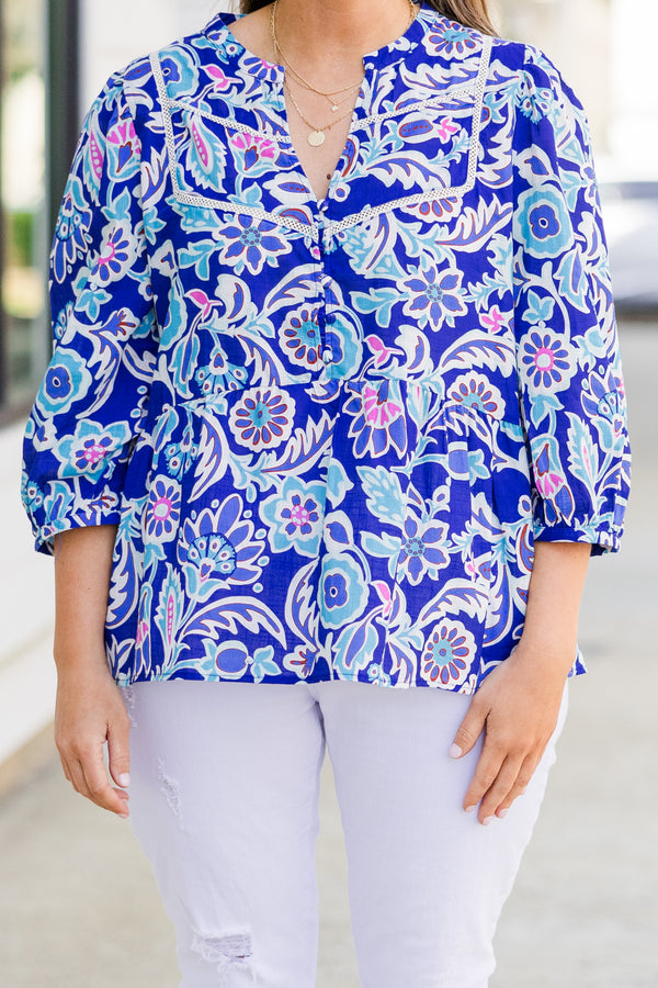 Chic Soul plus size clothing, blue quarter sleeve top with paisley and floral pattern