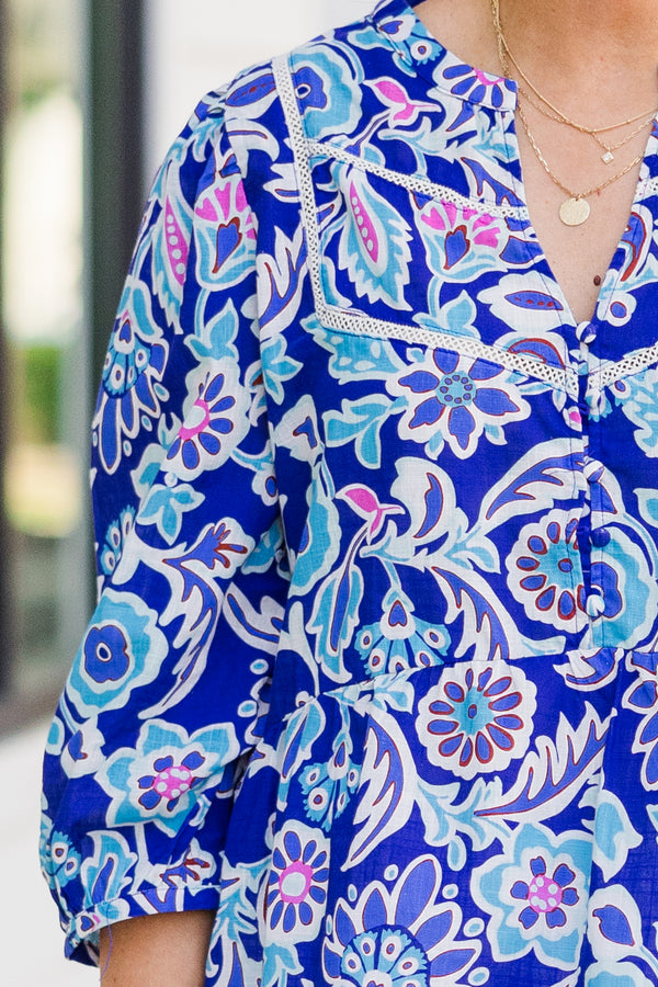 Chic Soul plus size clothing, blue quarter sleeve top with paisley and floral pattern