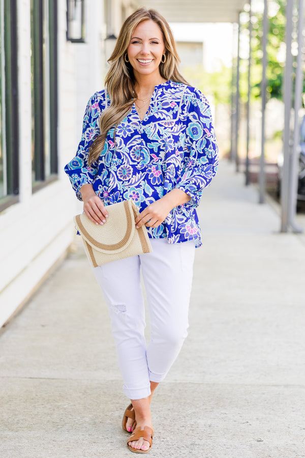 Chic Soul plus size clothing, blue quarter sleeve top with paisley and floral pattern
