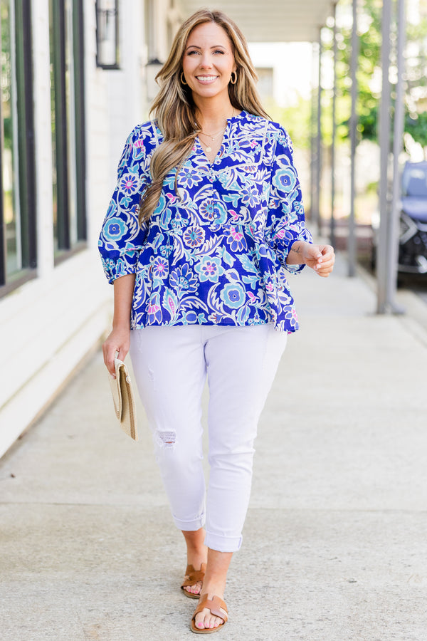 Chic Soul plus size clothing, blue quarter sleeve top with paisley and floral pattern