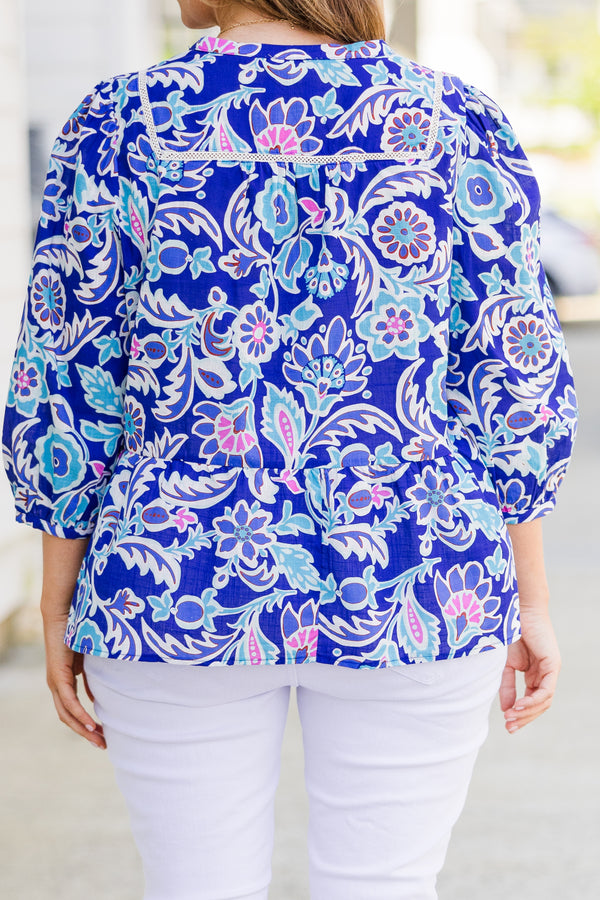 Chic Soul plus size clothing, blue quarter sleeve top with paisley and floral pattern
