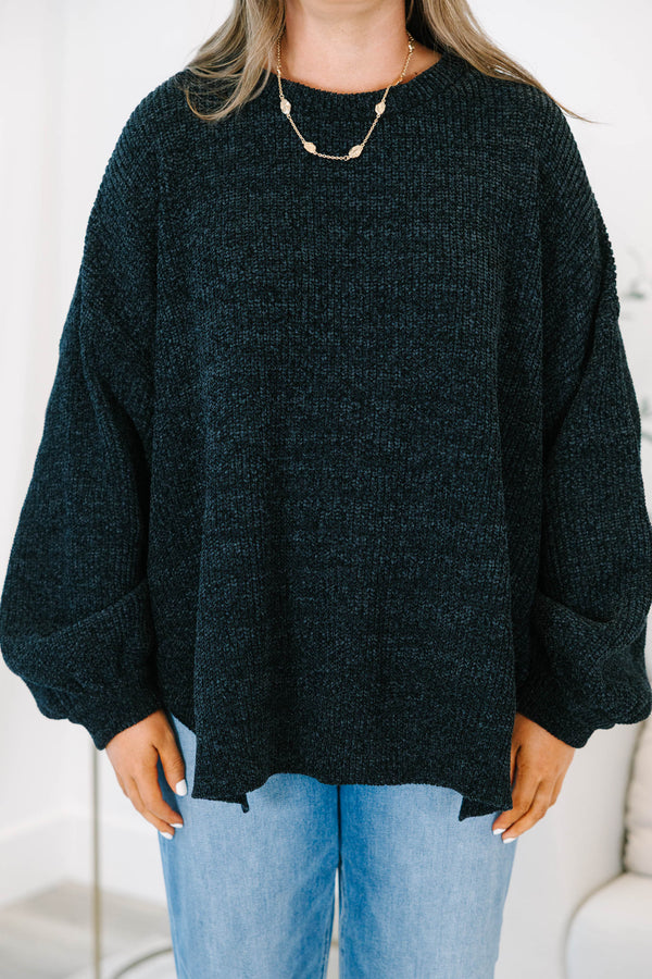 Plus Size black textured knit sweater with a crew neck, long balloon sleeves, and side slits.