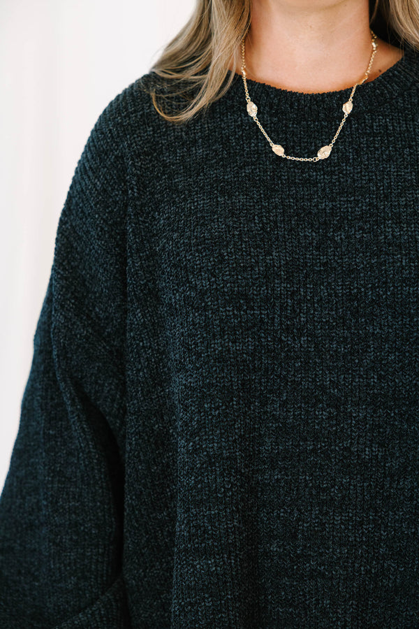 Plus Size black textured knit sweater with a crew neck, long balloon sleeves, and side slits.