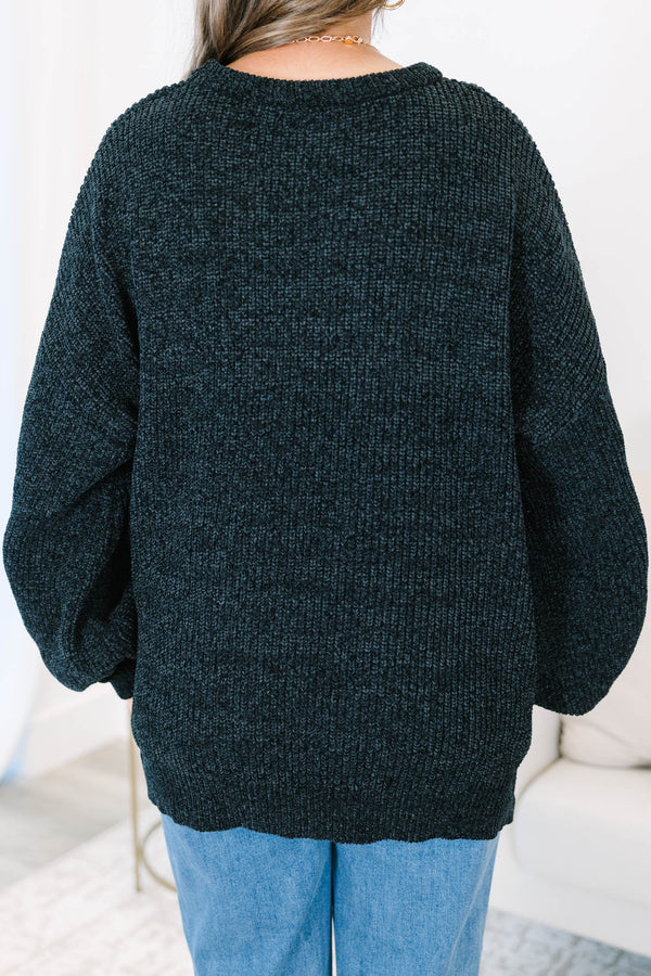 Plus Size black textured knit sweater with a crew neck, long balloon sleeves, and side slits.