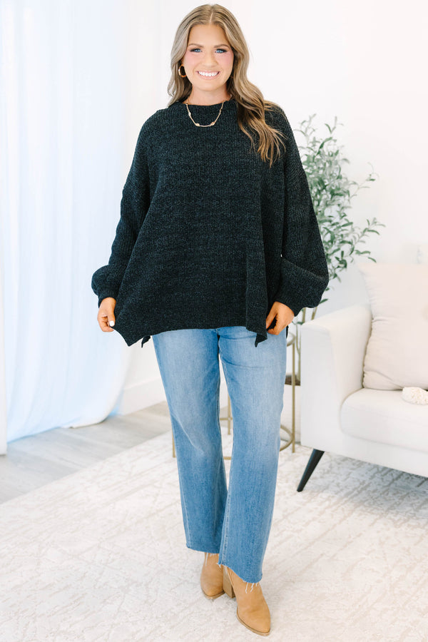 Plus Size black textured knit sweater with a crew neck, long balloon sleeves, and side slits.