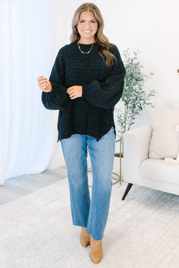 Plus Size black textured knit sweater with a crew neck, long balloon sleeves, and side slits.