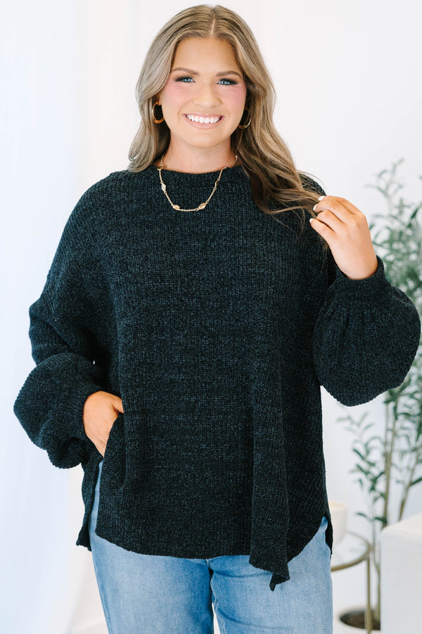 Plus Size black textured knit sweater with a crew neck, long balloon sleeves, and side slits.