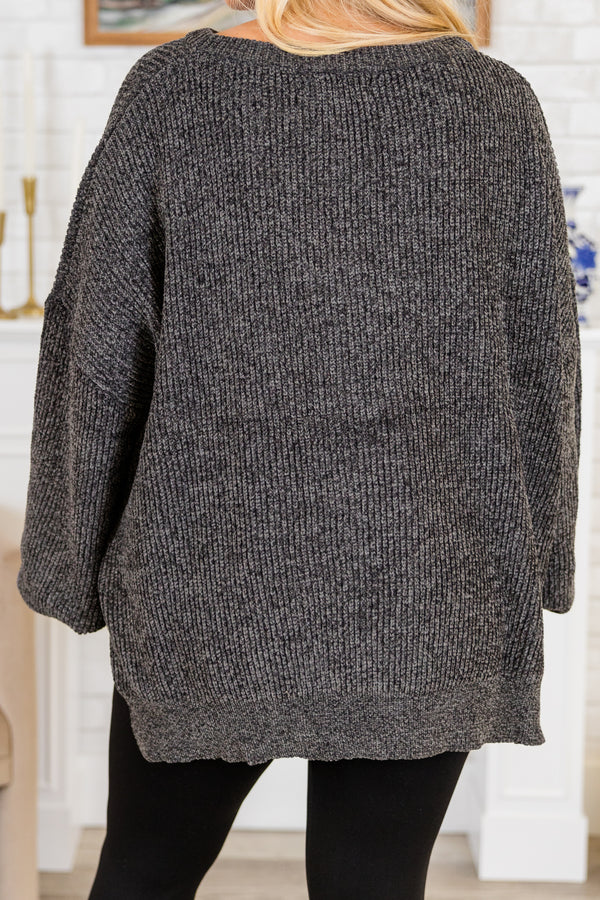 Chic Soul plus size clothing, long-balloon-sleeve charcoal black knit sweater with high-scoop-neckline 