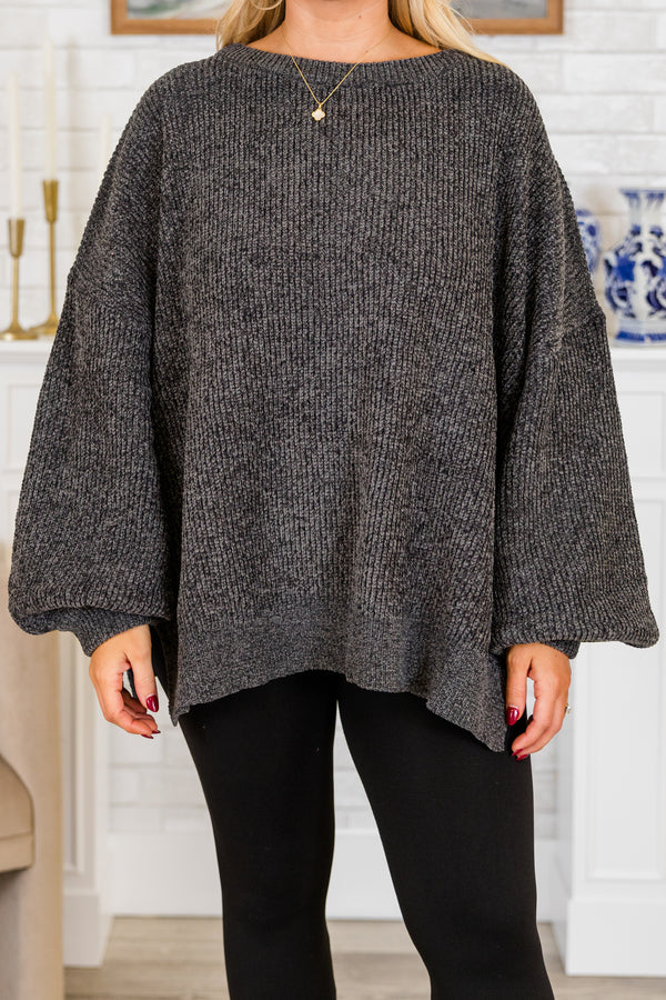 Chic Soul plus size clothing, long-balloon-sleeve charcoal black knit sweater with high-scoop-neckline 