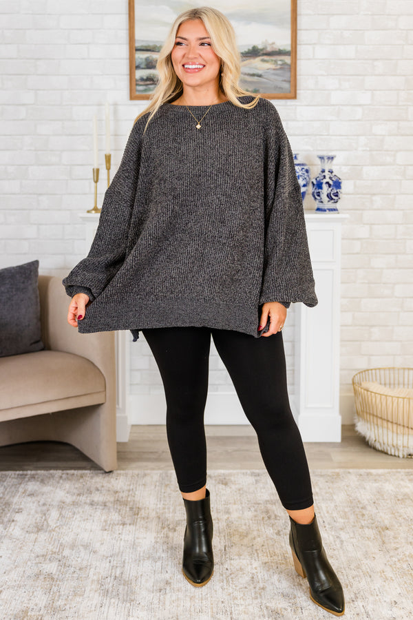 Chic Soul plus size clothing, long-balloon-sleeve charcoal black knit sweater with high-scoop-neckline 
