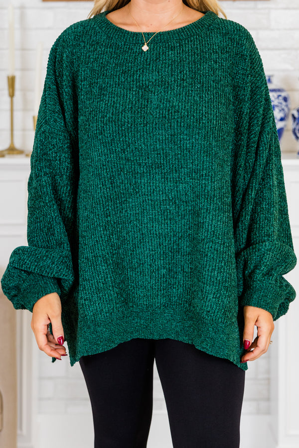  Chic Soul plus size clothing, long-balloon-sleeve hunter green sweater with scoop-neckline