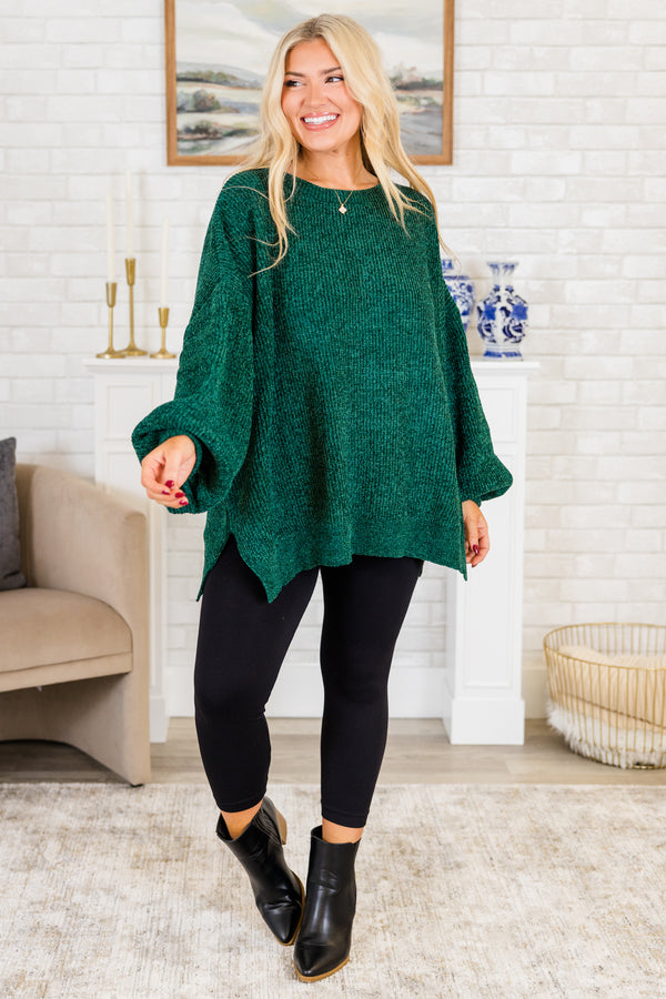  Chic Soul plus size clothing, long-balloon-sleeve hunter green sweater with scoop-neckline