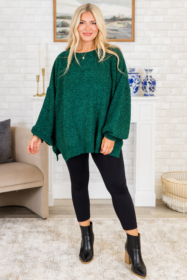  Chic Soul plus size clothing, long-balloon-sleeve hunter green sweater with scoop-neckline