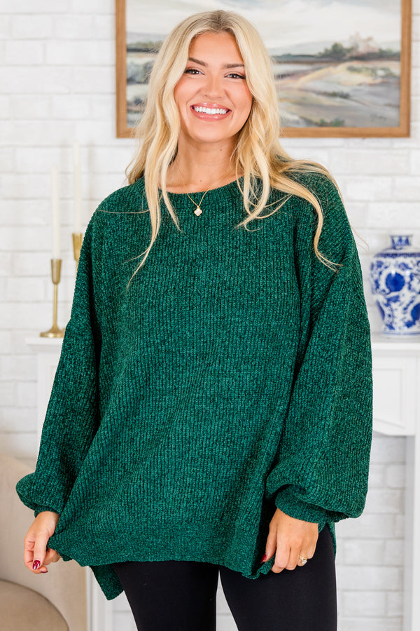  Chic Soul plus size clothing, long-balloon-sleeve hunter green sweater with scoop-neckline
