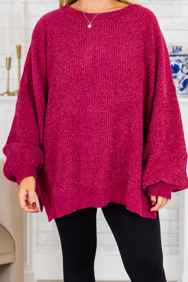 Chic Soul plus size clothing, magenta long sleeve chunky knit sweater with round neckline with ribbed cuff bubble sleeves with slits on sides