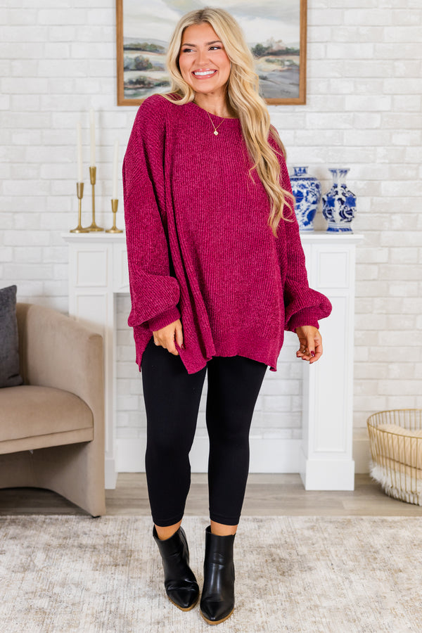 Chic Soul plus size clothing, magenta long sleeve chunky knit sweater with round neckline with ribbed cuff bubble sleeves with slits on sides