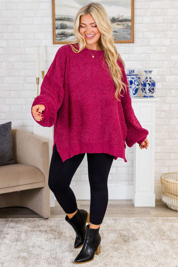 Chic Soul plus size clothing, magenta long sleeve chunky knit sweater with round neckline with ribbed cuff bubble sleeves with slits on sides

