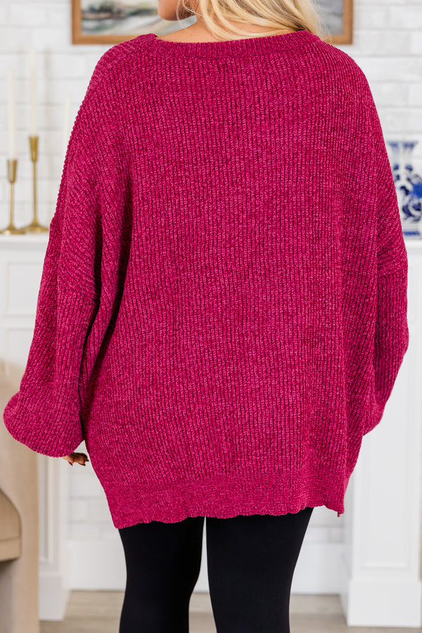 Chic Soul plus size clothing, magenta long sleeve chunky knit sweater with round neckline with ribbed cuff bubble sleeves with slits on sides