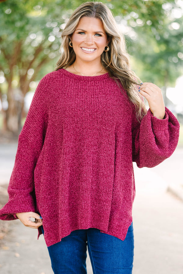 Plus Size maroon oversized knit sweater with a crew neckline and long balloon sleeves.