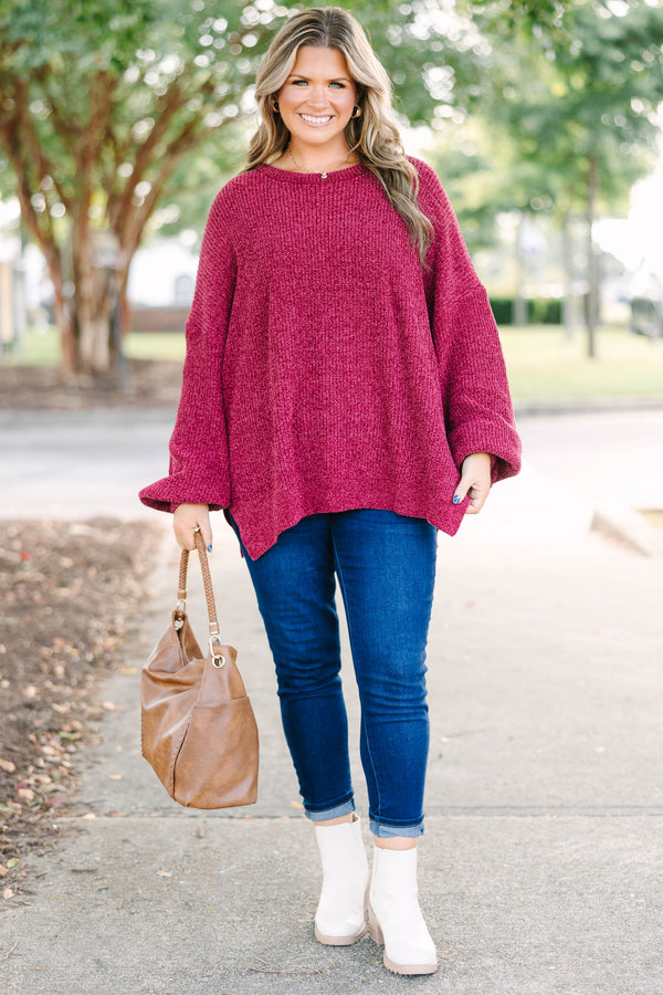 Plus Size maroon oversized knit sweater with a crew neckline and long balloon sleeves.