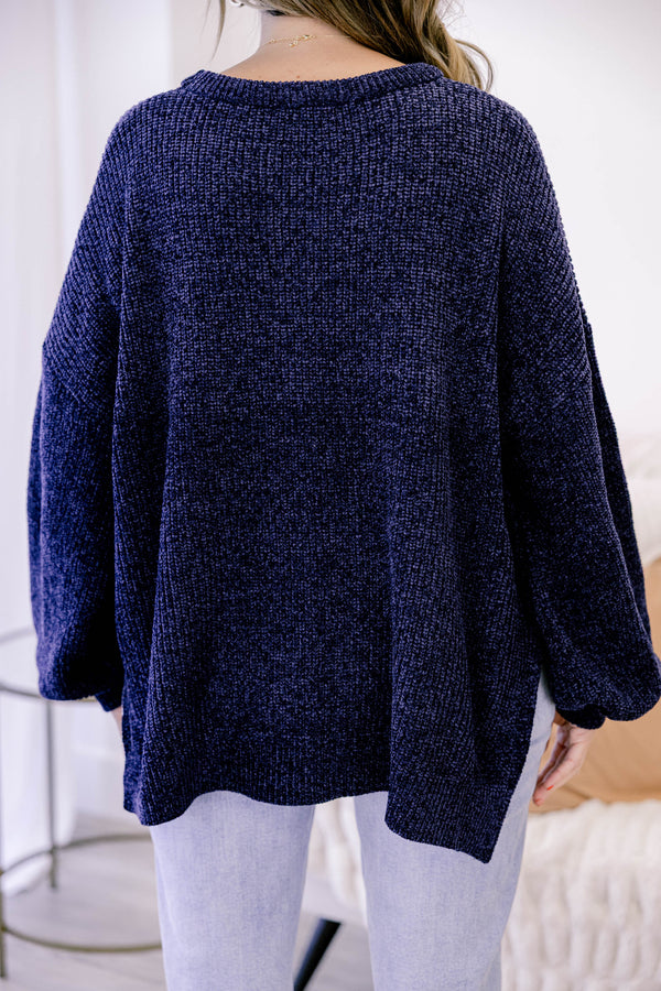 Chic Soul plus size clothing, navy fuzzy knit long sleeve relaxed fit crew neck straight hem sweater