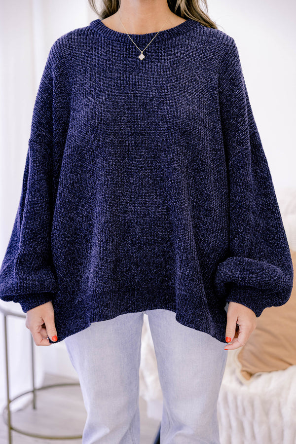 Chic Soul plus size clothing, navy fuzzy knit long sleeve relaxed fit crew neck straight hem sweater
