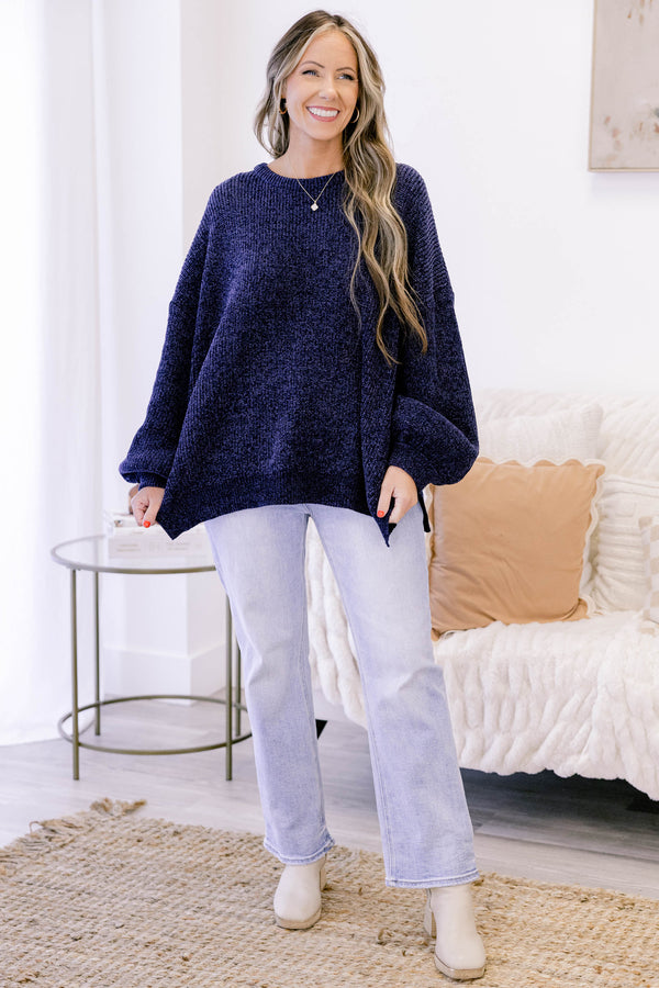 Chic Soul plus size clothing, navy fuzzy knit long sleeve relaxed fit crew neck straight hem sweater