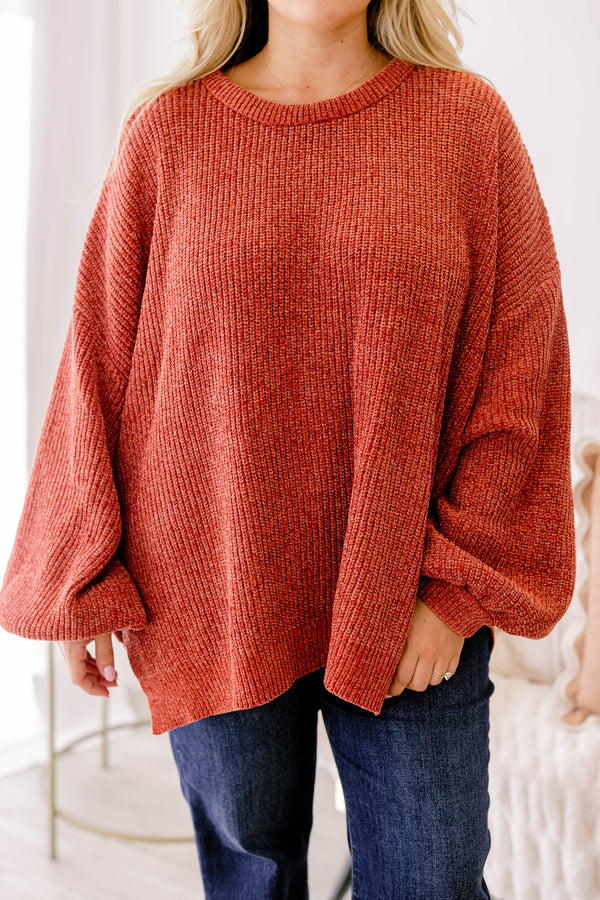 Chic Soul plus size clothing, rust orange long sleeve chunky knit oversized sweater