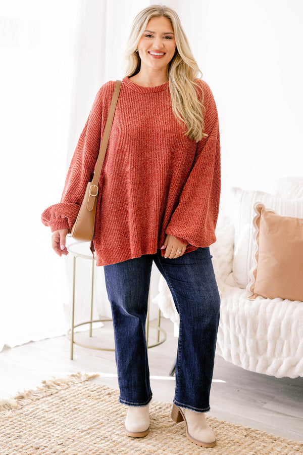 Chic Soul plus size clothing, rust orange long sleeve chunky knit oversized sweater
