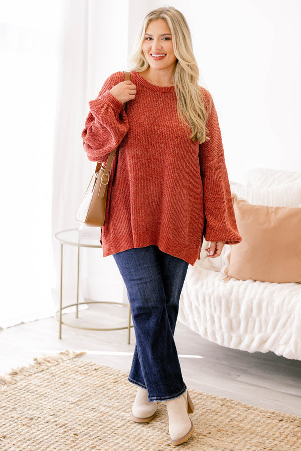 Chic Soul plus size clothing, rust orange long sleeve chunky knit oversized sweater