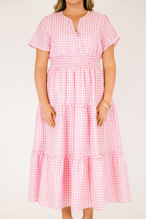 Chic Soul plus size clothing, pink and white gingham pattern short sleeve midi dress with cinched waist and v-neckline