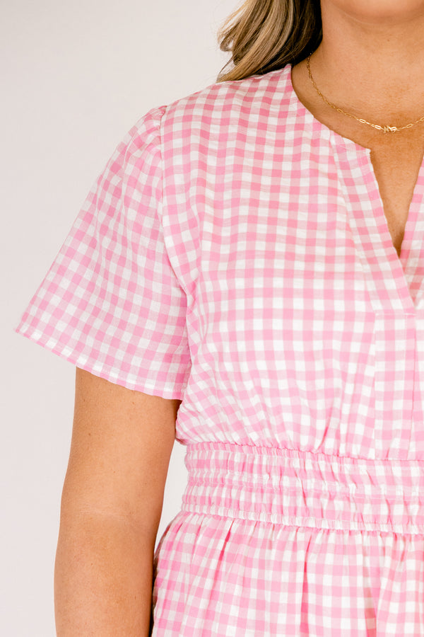 Chic Soul plus size clothing, pink and white gingham pattern short sleeve midi dress with cinched waist and v-neckline