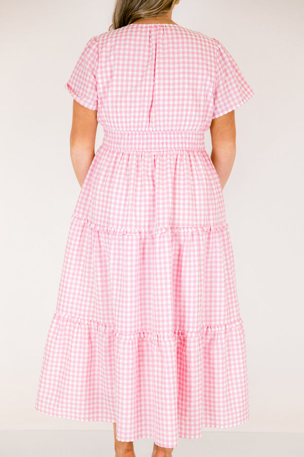 Chic Soul plus size clothing, pink and white gingham pattern short sleeve midi dress with cinched waist and v-neckline