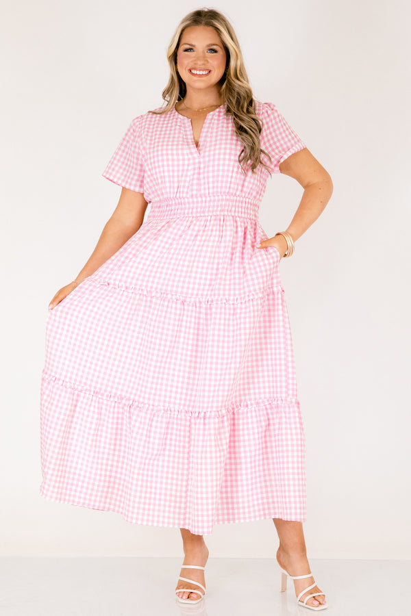 Chic Soul plus size clothing, pink and white gingham pattern short sleeve midi dress with cinched waist and v-neckline