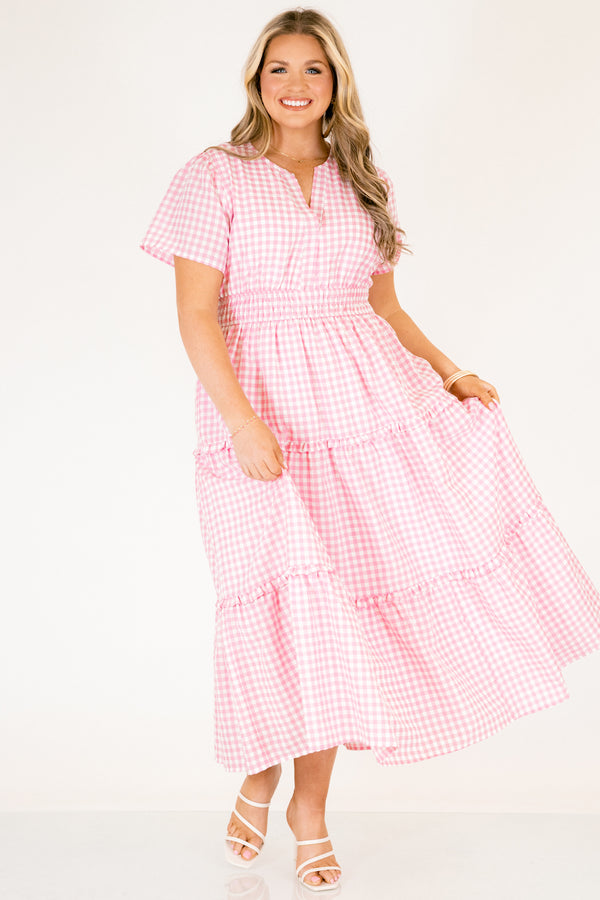 Chic Soul plus size clothing, pink and white gingham pattern short sleeve midi dress with cinched waist and v-neckline