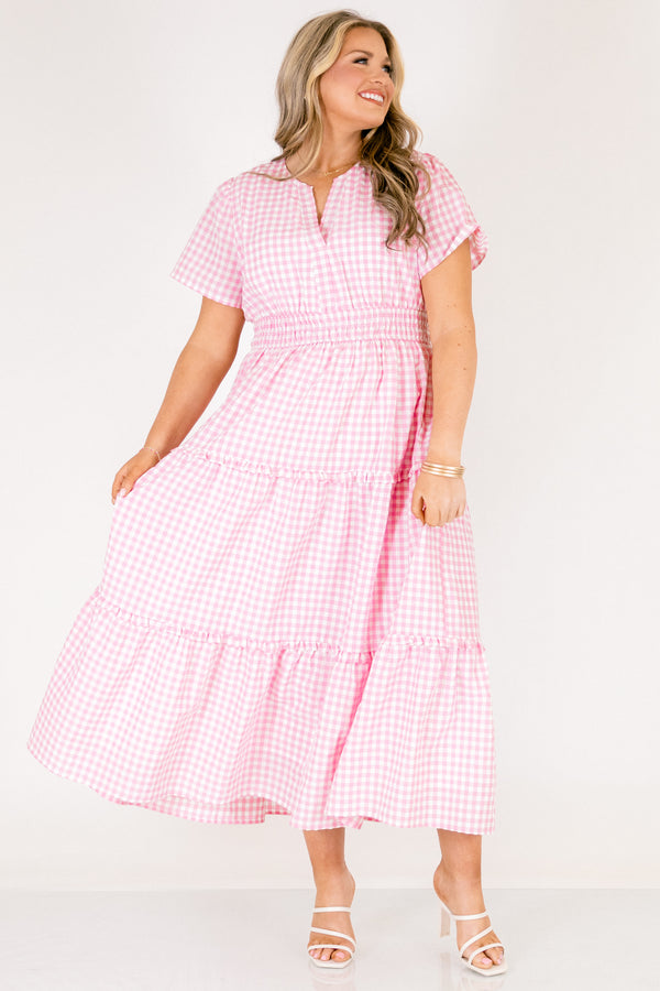 Chic Soul plus size clothing, pink and white gingham pattern short sleeve midi dress with cinched waist and v-neckline