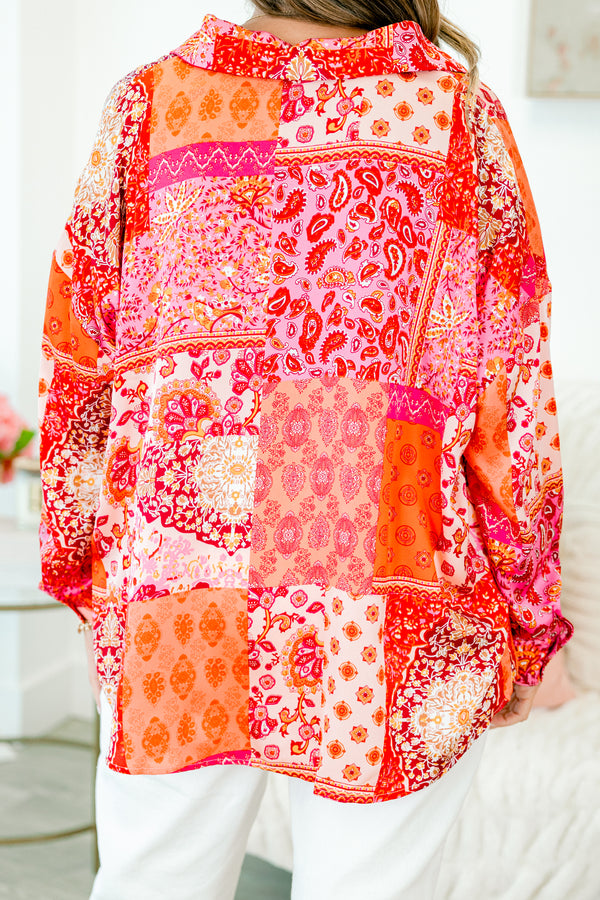 Chic Soul plus size clothing, patch print pink, red, and orange long sleeve button up top 