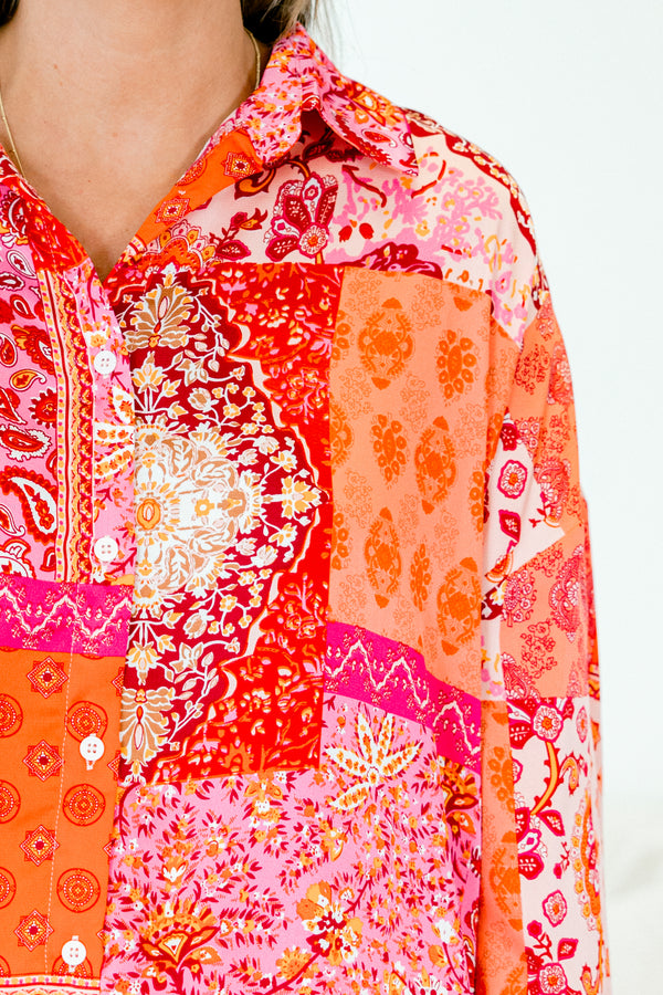 Chic Soul plus size clothing, patch print pink, red, and orange long sleeve button up top 