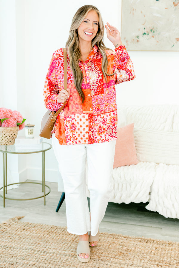 Chic Soul plus size clothing, patch print pink, red, and orange long sleeve button up top 