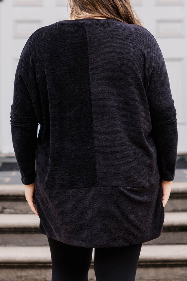 Chic Soul plus size clothing, black fuzzy blanket material top that is longline on the back and slight v neckline soft textured