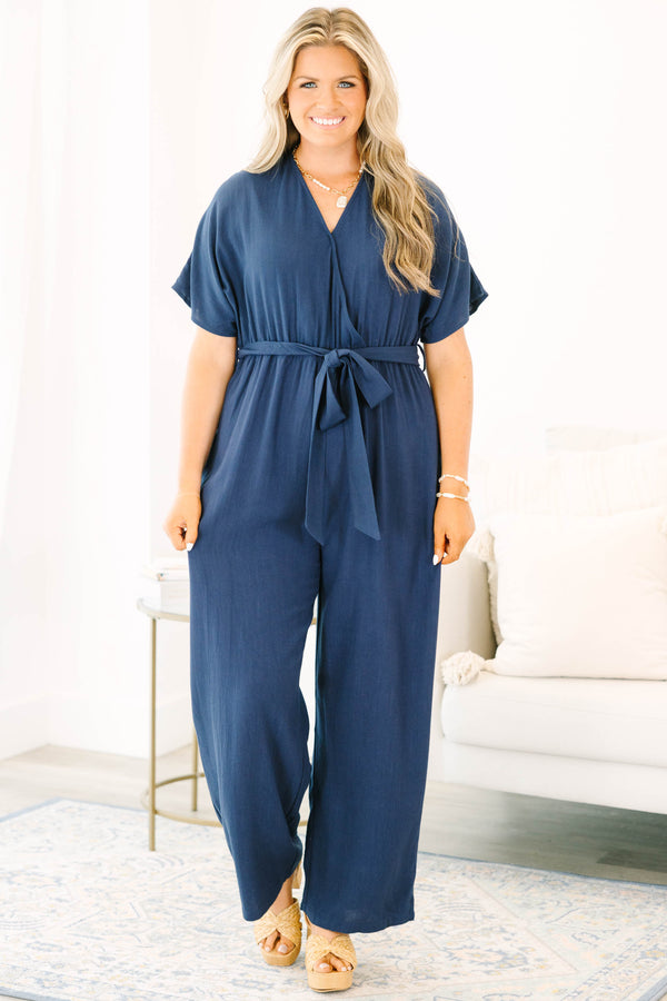 Chic Soul plus size clothing, navy blue short sleeve jumpsuit with waist tie belt and n-neckline